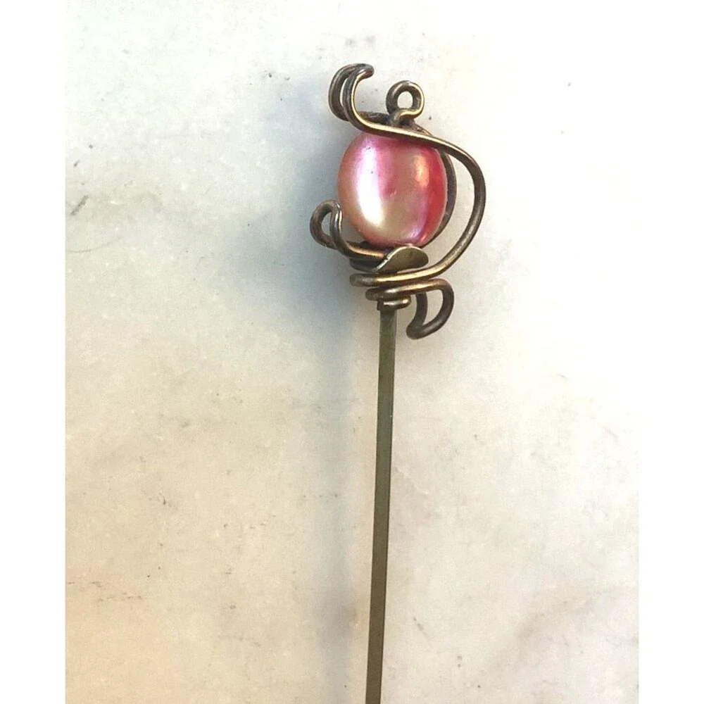 Antique Hat Pin Iridescent Pink Bead Gold Tone Stick Pin Twisted 7
